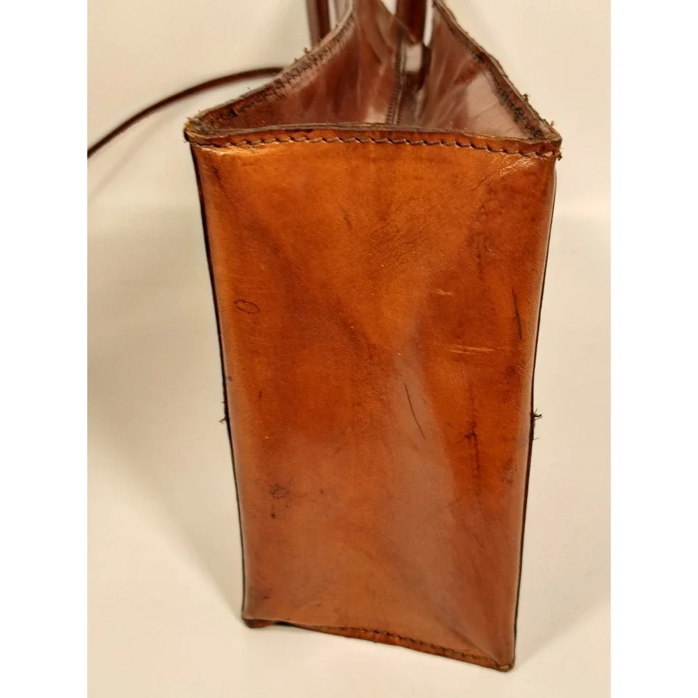 Vintage Cognac Brown Leather Wine Bottle Carrier Bag Snap Closure Picnic Tote
